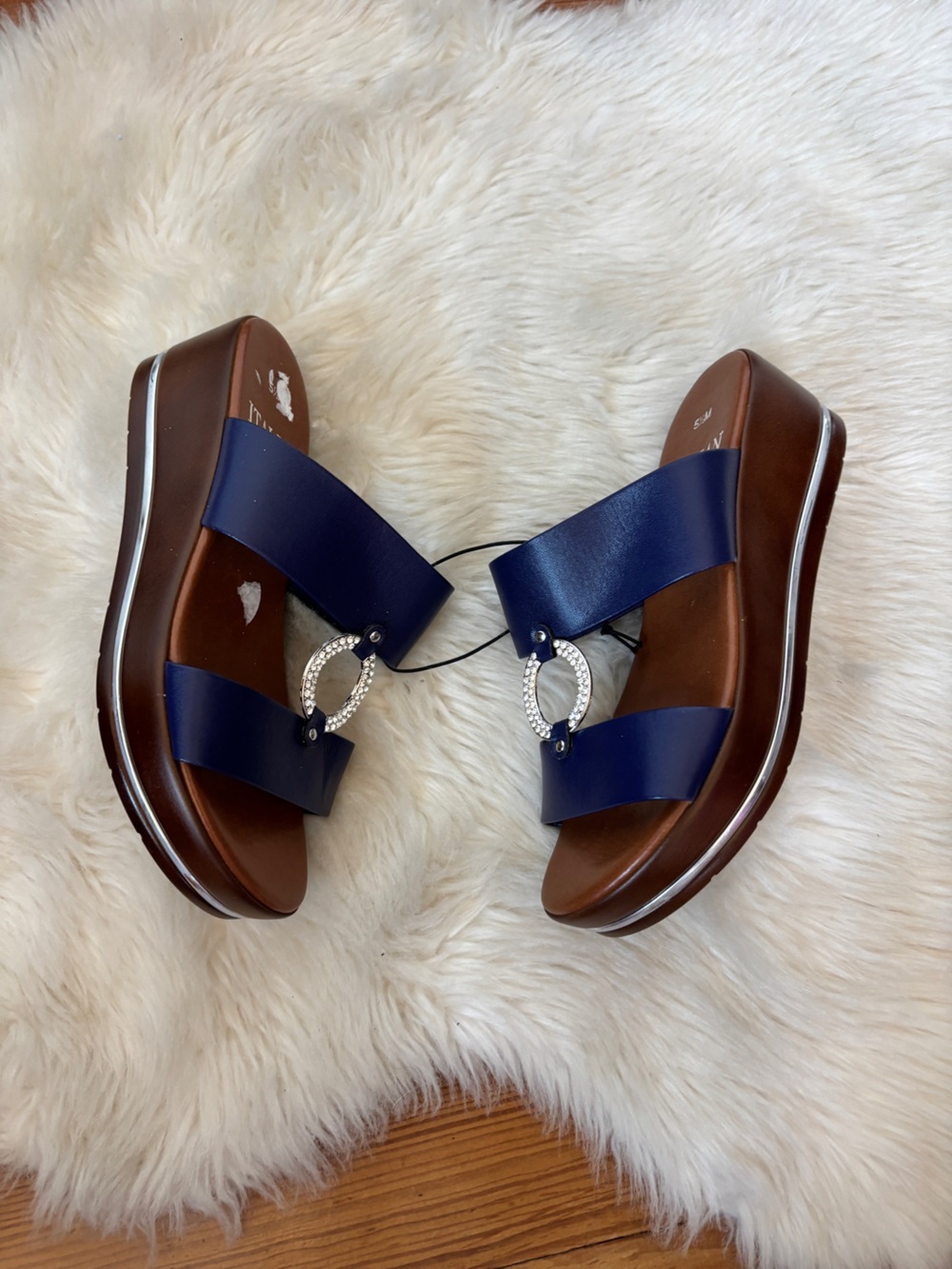 Navy Blue & Brown Open Toe Wedge Sandals